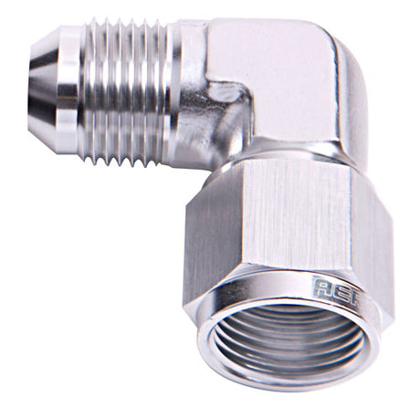 90 Deg Female - Male -10AN Silver Swivel Nut AF143-10S - Aeroflow