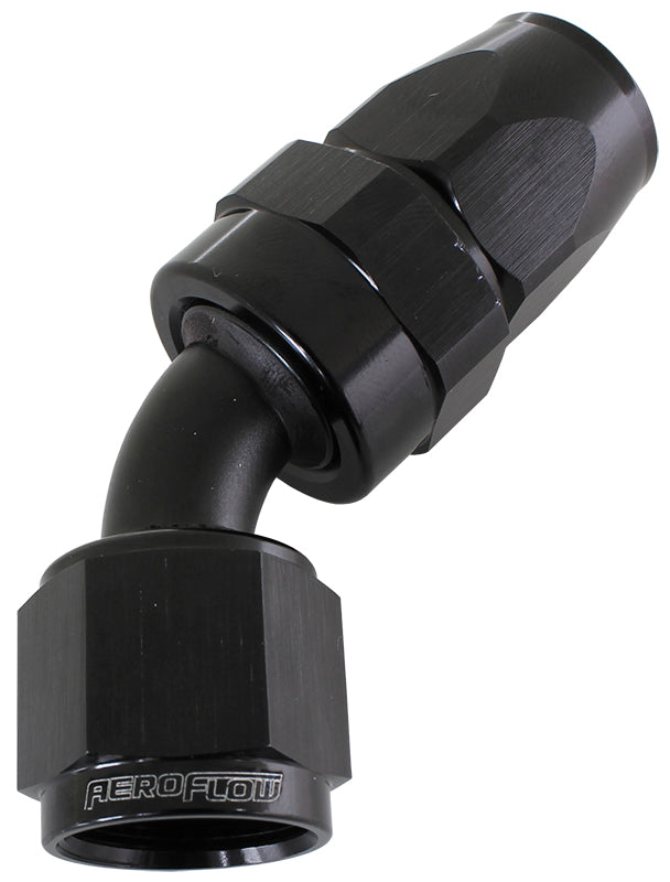 Alloy 45 Deg Hose End -10AN Black Full Swivel Suit Teflon AF202-10DBLK - Aeroflow