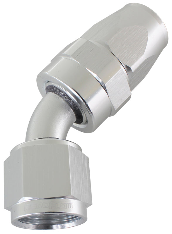 Alloy 45 Deg Hose End -12AN Silver Full Swivel Suit Teflon AF202-12DS - Aeroflow