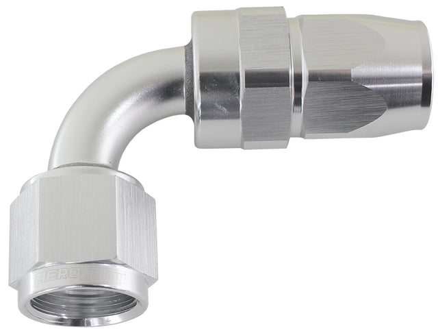 Alloy 90 Deg Hose End -8AN Silver Full Swivel Suit Teflon AF203-08DS - Aeroflow
