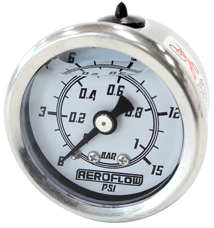 1-1/2" 0-15 PSI Liq Fill Gauge White Face Black Pointer AF30-2202 - Aeroflow