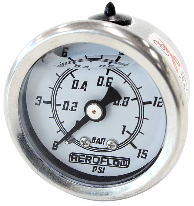 1-1/2" 0-15 PSI Liq Fill Gauge White Face Black Pointer AF30-2202 - Aeroflow