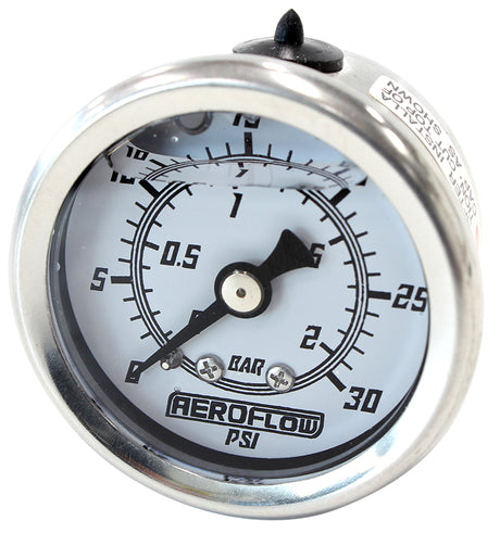 1-1/2" 0-30 PSI Liq Fill Gauge White Face Black Pointer AF30-2209 - Aeroflow