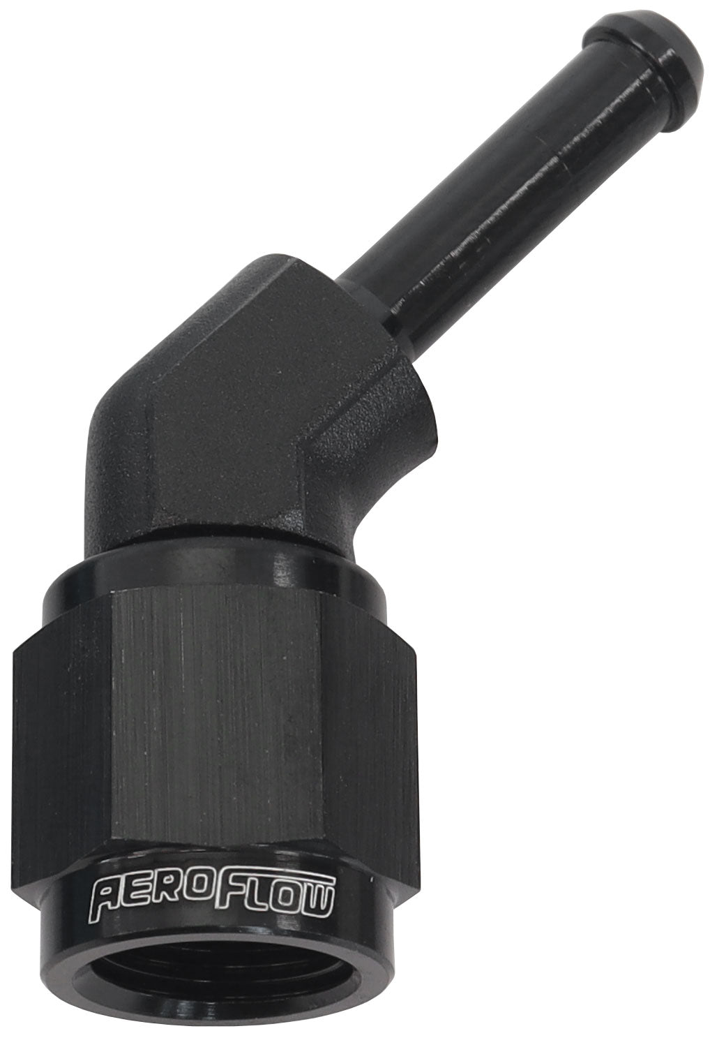 Female -4AN 45 Deg To 3/16" Barb Black With Tube Nut AF412-04BLK - Aeroflow
