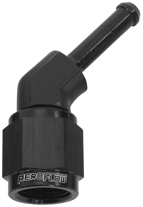 Female -4AN 45 Deg To 3/16" Barb Black With Tube Nut AF412-04BLK - Aeroflow