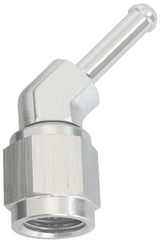 Female -4AN 45 Deg To 3/16" Barb Silver With Tube Nut AF412-04S - Aeroflow