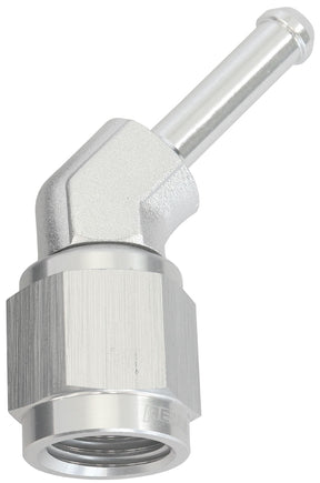 Female -4AN 45 Deg To 3/16" Barb Silver With Tube Nut AF412-04S - Aeroflow