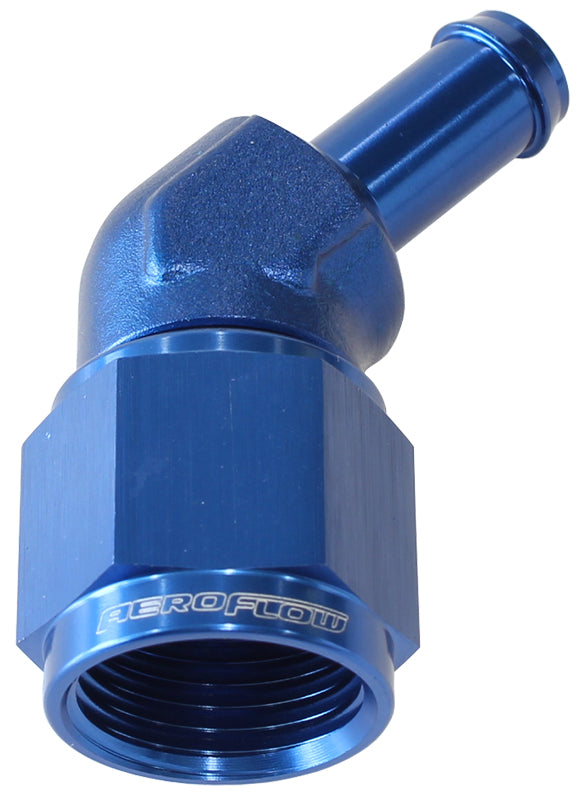 Female -8AN 45 Deg To 3/8" Barb Blue Swivel Nut AF412-08-06 - Aeroflow