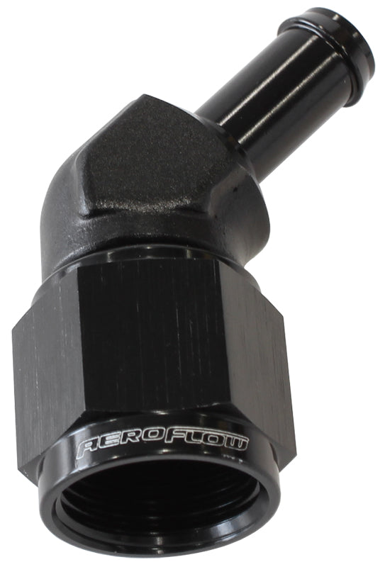Female -8AN 45 Deg To 3/8" Barb Black Swivel Nut AF412-08-06BLK - Aeroflow