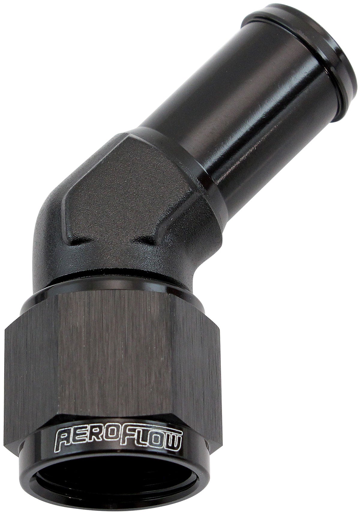 Female -8AN 45 Deg To 5/8" Barb Black Swivel Nut AF412-08-10BLK - Aeroflow