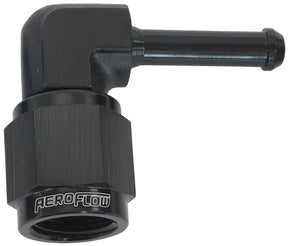 Female -4AN 90 Deg To 3/16" Barb Black With Tube Nut AF413-04BLK - Aeroflow