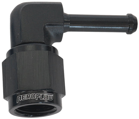 Female -4AN 90 Deg To 3/16" Barb Black With Tube Nut AF413-04BLK - Aeroflow