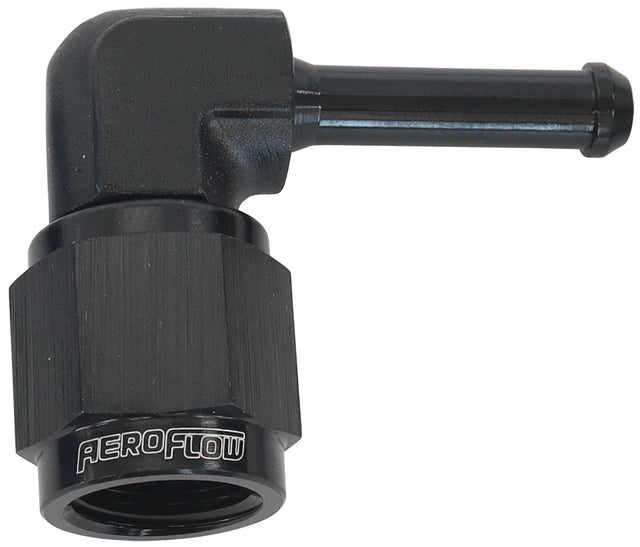 Female -4AN 90 Deg To 3/16" Barb Black With Tube Nut AF413-04BLK - Aeroflow