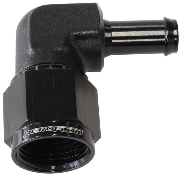 Female -6AN 90 Deg To 3/8" Barb Black Swivel Nut AF413-06BLK - Aeroflow