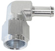 Female -6AN 90 Deg To 3/8" Barb Silver Swivel Nut AF413-06S - Aeroflow