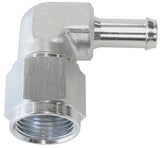 Female -6AN 90 Deg To 3/8" Barb Silver Swivel Nut AF413-06S - Aeroflow