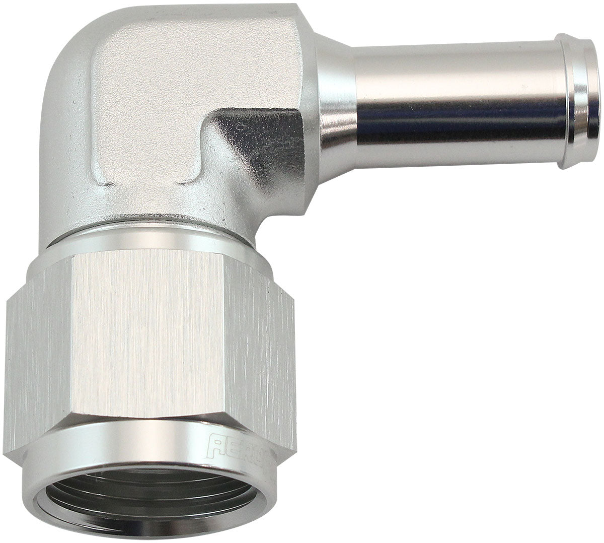 Female -10AN 90 Deg To 1/2 Barb Silver Swivel Nut AF413-10-08S - Aeroflow