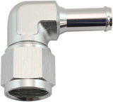 Female -10AN 90 Deg To 1/2 Barb Silver Swivel Nut AF413-10-08S - Aeroflow