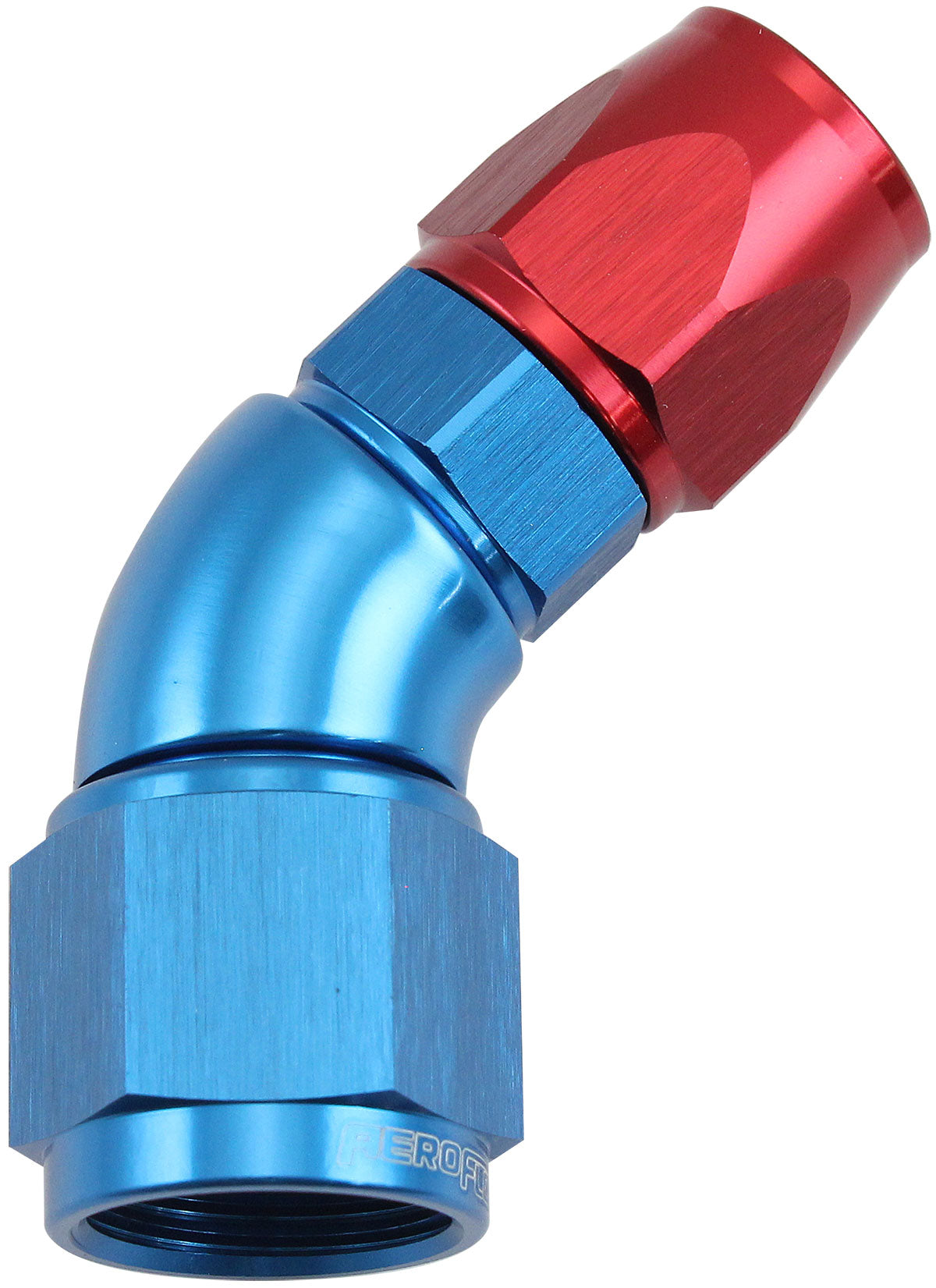 Stepped 45 Degree End -6 Hose To -8AN Reducer Hose End Blue Teflon AF572-06-08D - Aeroflow