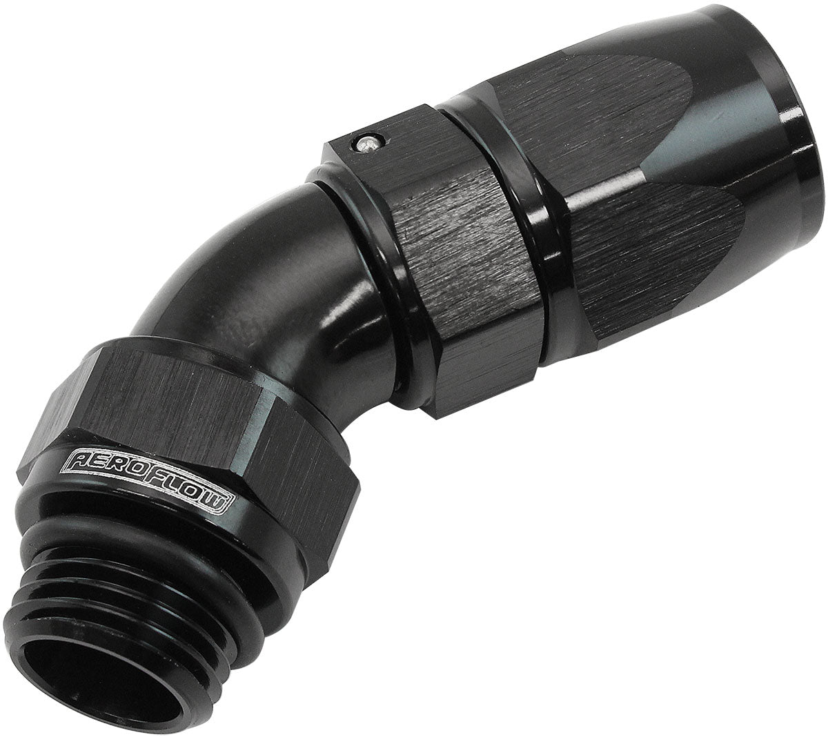 Male End -6ORB To -6AN Teflon Full Flow Billet 45 Deg Black AF582-06-06DBLK - Aeroflow
