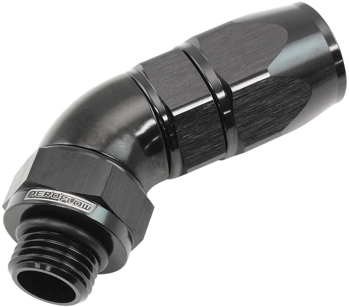 Male End -6ORB To -8AN Teflon Full Flow Billet 45 Deg Black AF582-08-06DBLK - Aeroflow