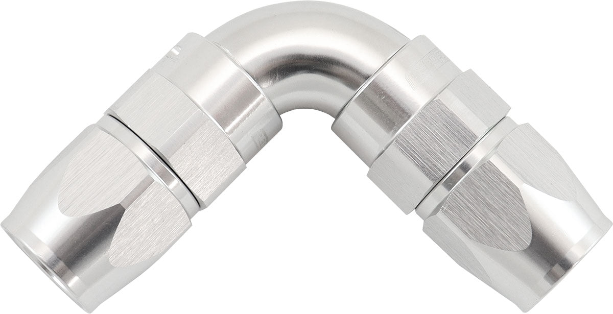 90 Deg -6AN To -6AN Teflon Full Flow Double Hose Ends PTFE Silver AF593-06-06DS - Aeroflow