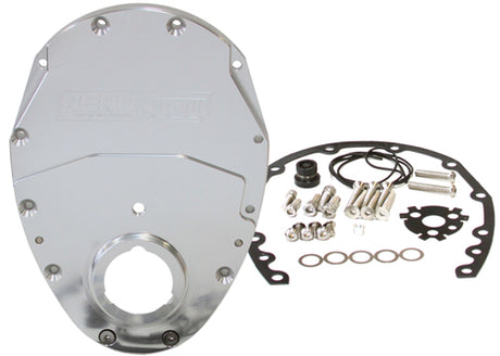 SB Chev 350 V6 2 Piece Timing Cover Kit Billet Silver AF64-4350S - Aeroflow