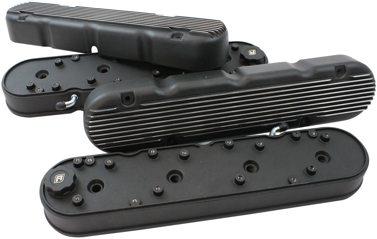 GM LS 2 Piece Valve Covers Cast Tall Retro Finned Black AF77-5020BLK - Aeroflow