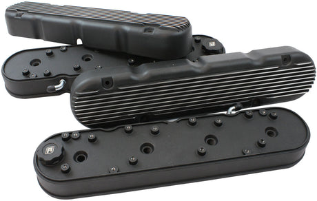 GM LS 2 Piece Valve Covers Cast Tall Retro Finned Black AF77-5020BLK - Aeroflow
