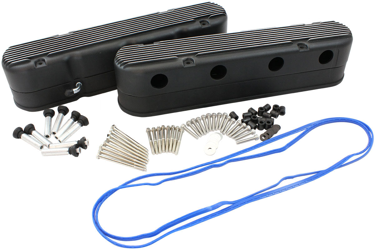 GM LS 2 Piece Valve Covers Cast Tall Retro Finned Black AF77-5020BLK - Aeroflow