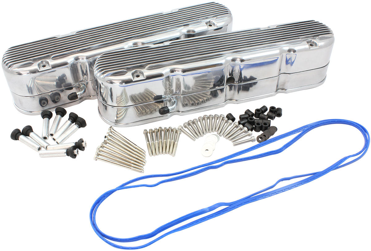 GM LS 2 Piece Valve Covers Cast Tall Retro Finned Polished AF77-5020P - Aeroflow
