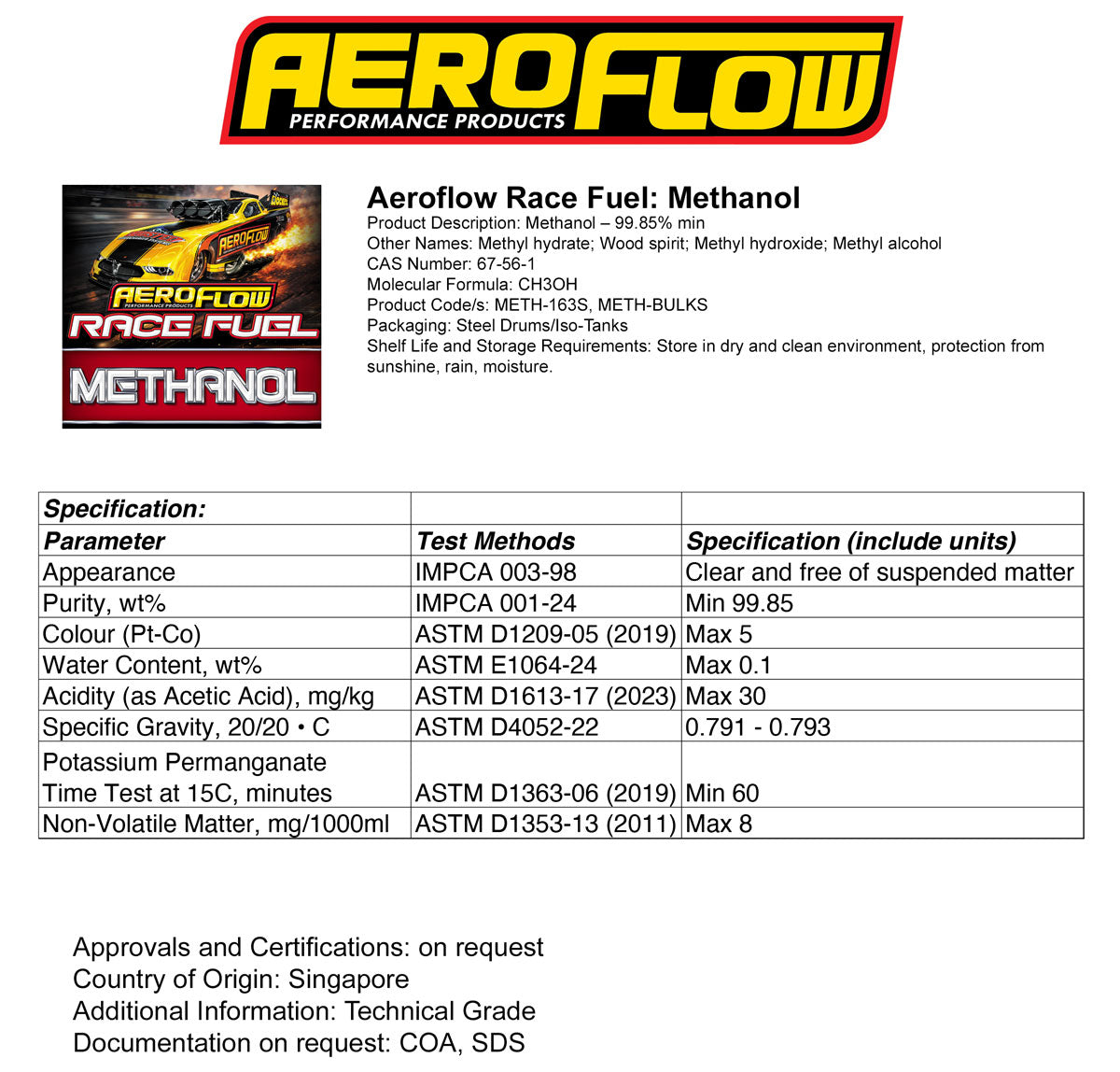 Methanol Race Fuel 200 Litre Drum 99.85% Purity 52 Gallon AF81-1200 - Aeroflow