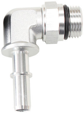 EFI Fuel Fitting 90 Deg 3/8 Push On Barb To -8ORB Silver AF812-08-06S - Aeroflow