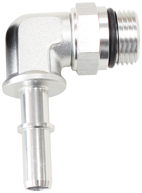 EFI Fuel Fitting 90 Deg 3/8 Push On Barb To -8ORB Silver AF812-08-06S - Aeroflow