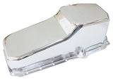 Stock Oil Pan SBC Late '86 On Rh/Side Dipstick Chrome AF82-9414C - Aeroflow