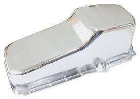 Stock Oil Pan SBC Late '86 On Rh/Side Dipstick Chrome AF82-9414C - Aeroflow