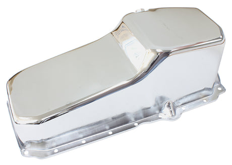Stock Oil Pan SBC Late '86 On Rh/Side Dipstick Chrome AF82-9414C - Aeroflow