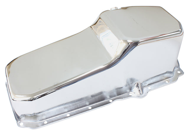 Stock Oil Pan SBC Late '86 On Rh/Side Dipstick Chrome AF82-9414C - Aeroflow