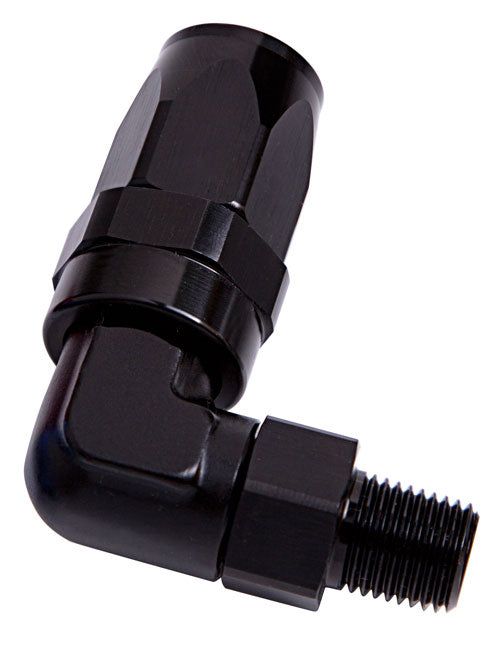 Male 1/4" NPT 90 Deg To -6AN Black Full Swivel 90 Deg AF829-06-04BLK - Aeroflow
