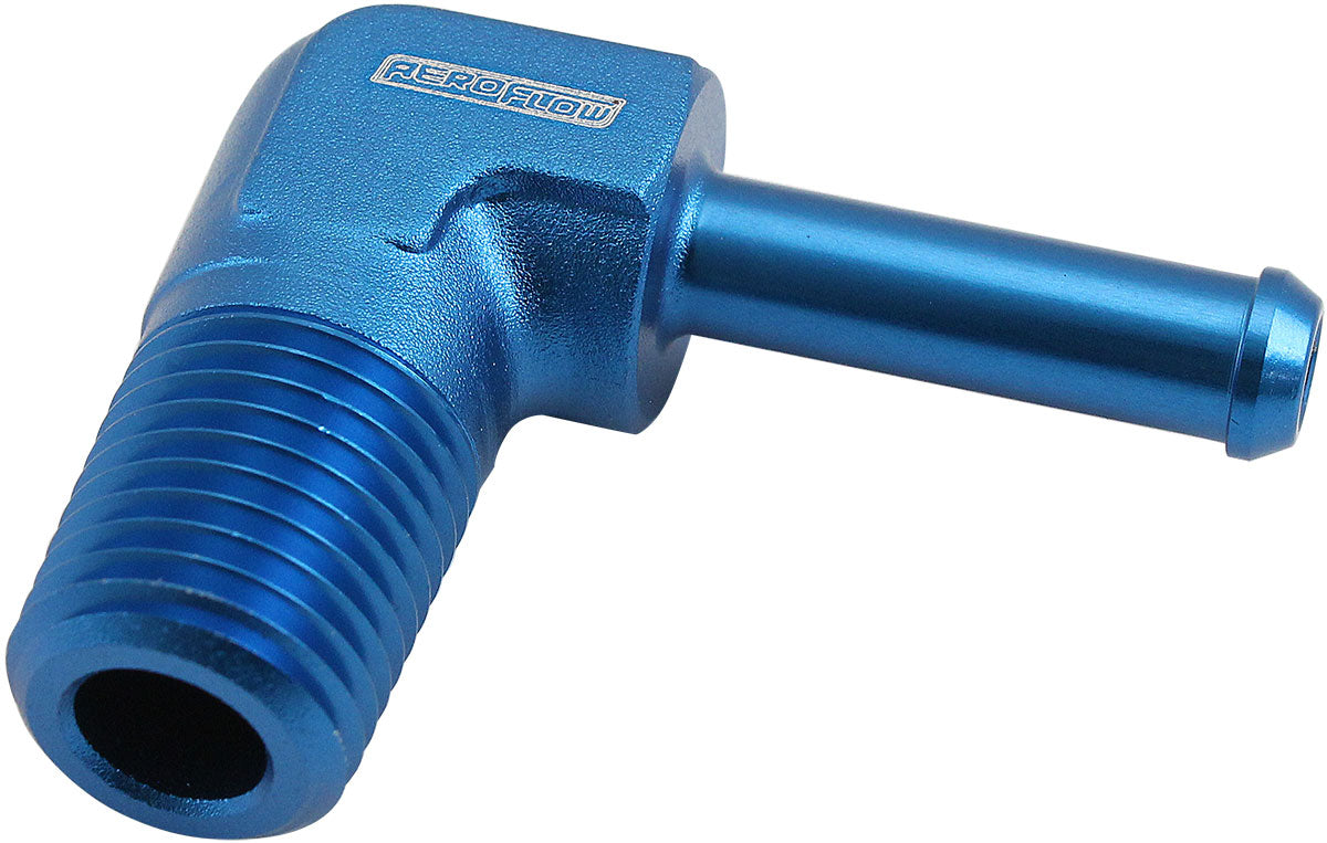 Male 1/4" NPT To 1/4" Barb Blue 90 Degree Male To Male AF842-04-04 - Aeroflow