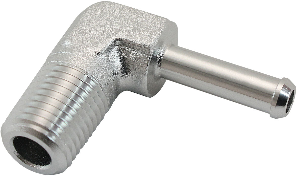 Male 1/4" NPT To 1/4" Barb Silver 90 Degree Male To Male AF842-04-04S - Aeroflow