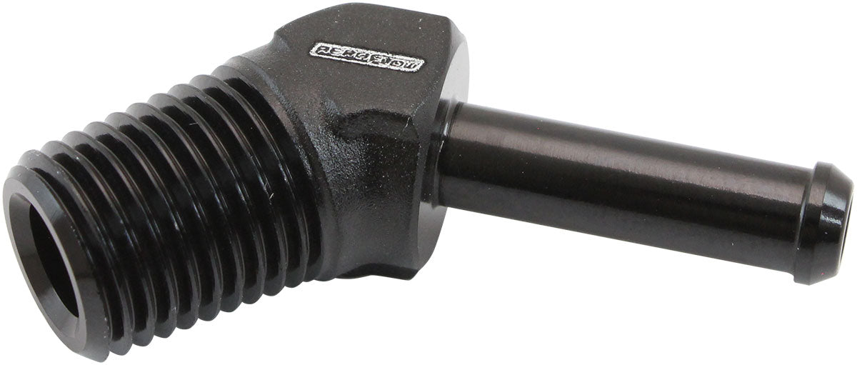 Male 1/4" NPT To 1/4" Barb Black 45 Degree Male To Male AF845-04-04BLK - Aeroflow
