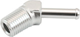 Male 1/4" NPT To 1/4" Barb Silver 45 Degree Male To Male AF845-04-04S - Aeroflow
