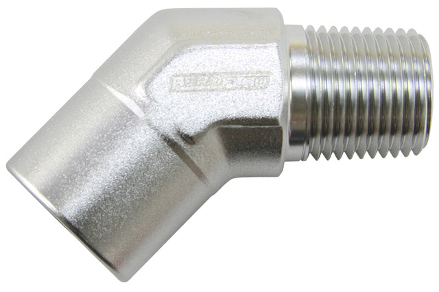 45 Deg Female - Male Elbow 1/4 NPT Silver AF915-04S - Aeroflow