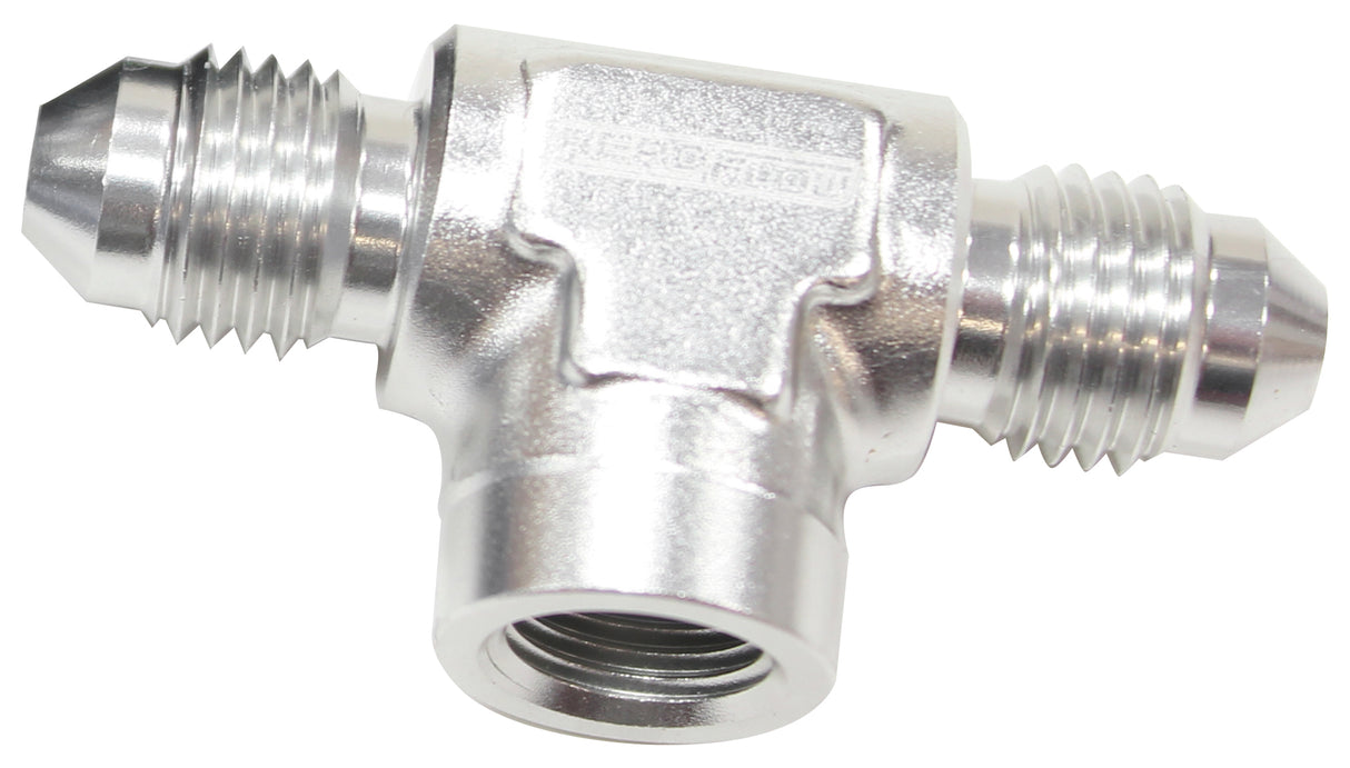 -4AN Male Tee With 1/8 On Side Silver Female 1/8" NPT On Side AF918-04-02S - Aeroflow