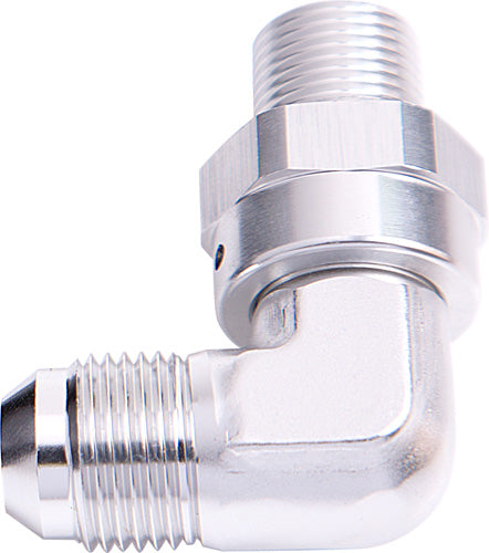 90 Deg 3/8" NPT To -8AN Silver Male Swivel Thread AF922-08-06S - Aeroflow