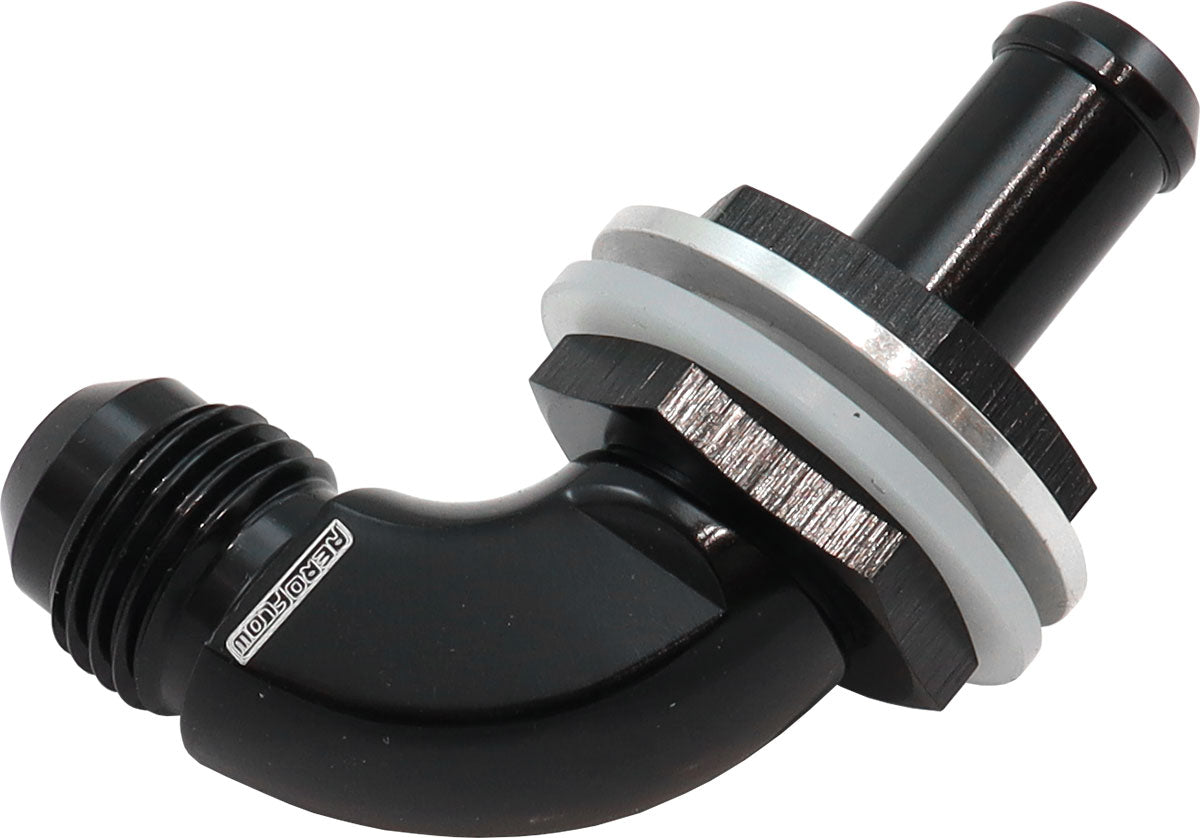 90 Deg Bulkhead Fitting -6AN To 5/16" 8mm Barb Push On AF937-06-05BLK - Aeroflow