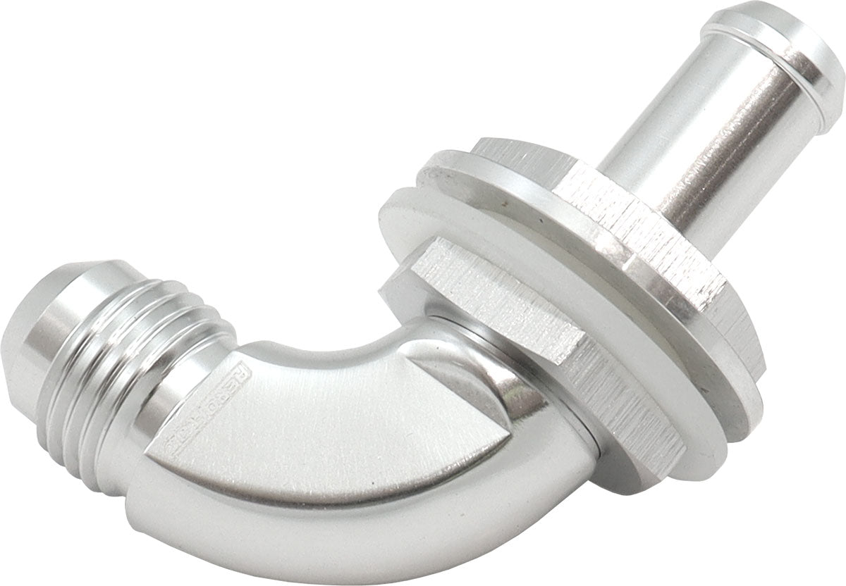 90 Deg Bulkhead Fitting -6AN To 5/16" 8mm Barb Push On AF937-06-05S - Aeroflow
