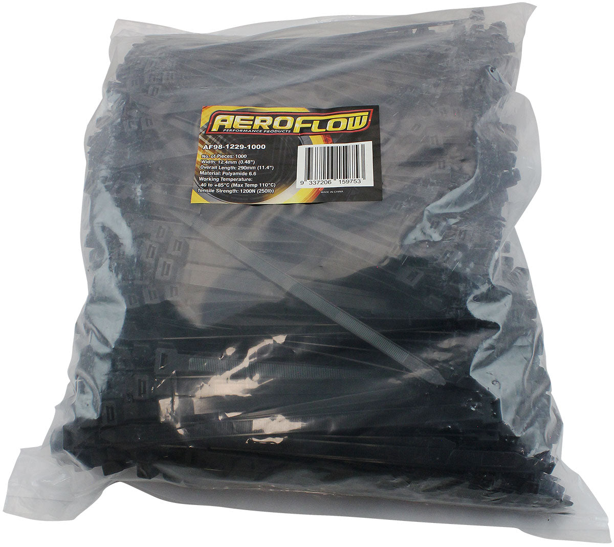 Cable Ties 12.4mm x 290mm 1000 Pack Black Zip Tie PA66 AF98-1229-1000 - Aeroflow