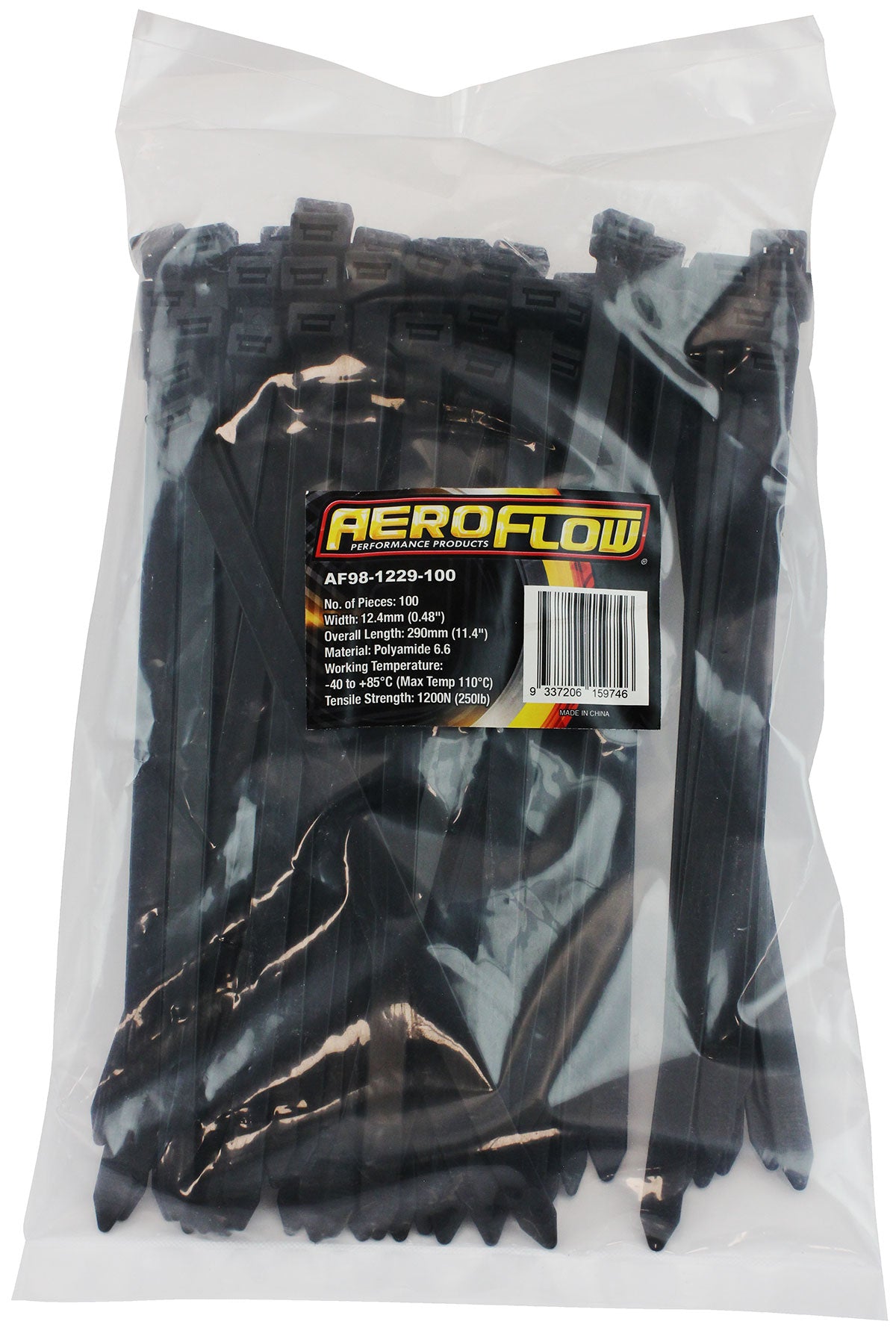 Cable Ties 12.4mm x 290mm 100 Pack Black Zip Tie PA66 AF98-1229-100 - Aeroflow